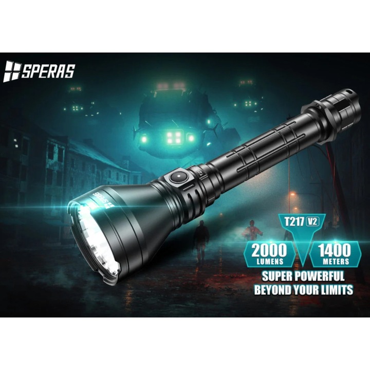 Lanterna LED Speras T217 V2, 2000lm, aluminiu 6061, IP68, 254x63.6x25.4mm, set cu acumulator 21700
