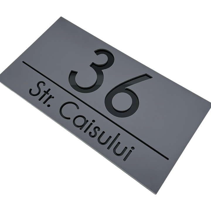 Placuta numar casa, Gri Satinat, Negru Lucios, 28x15cm