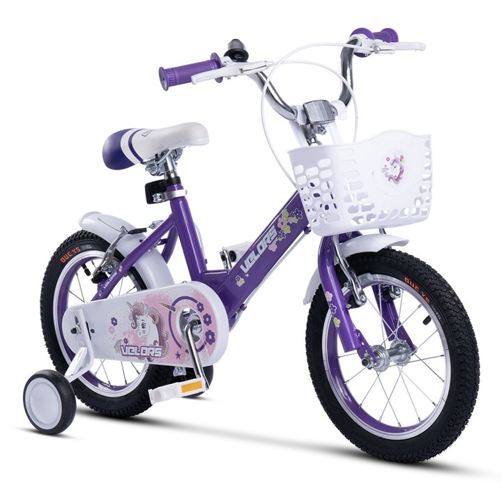 Детски велосипед 3-5 години Kids BMX Princess JSX1402, 14" колела, предни и задни V-Brake спирачки, широки MTB гуми, помощни колела, лилав