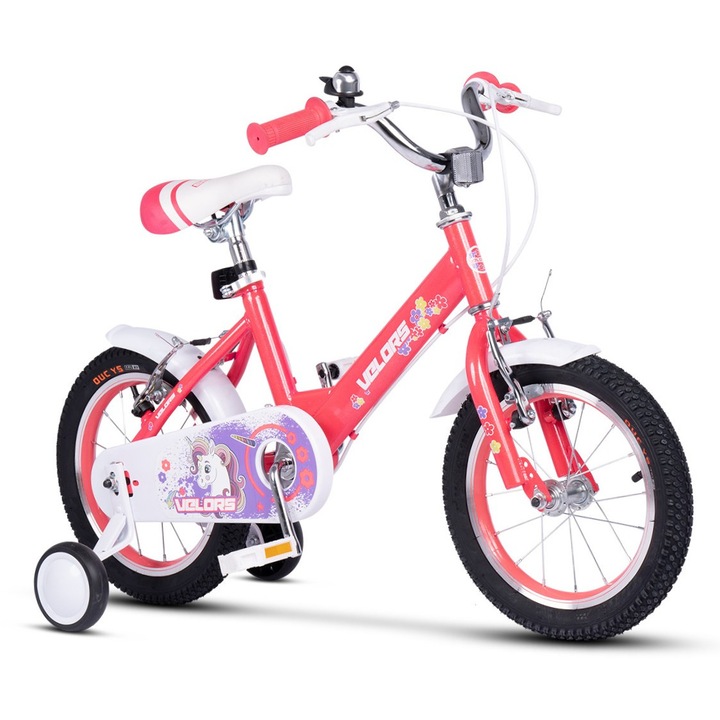 Детски велосипед, Velors, 3-5 години Kids BMX Princess JSX1402, 14" колела, предни и задни V-Brake спирачки, широки MTB гуми, помощни колела, розов