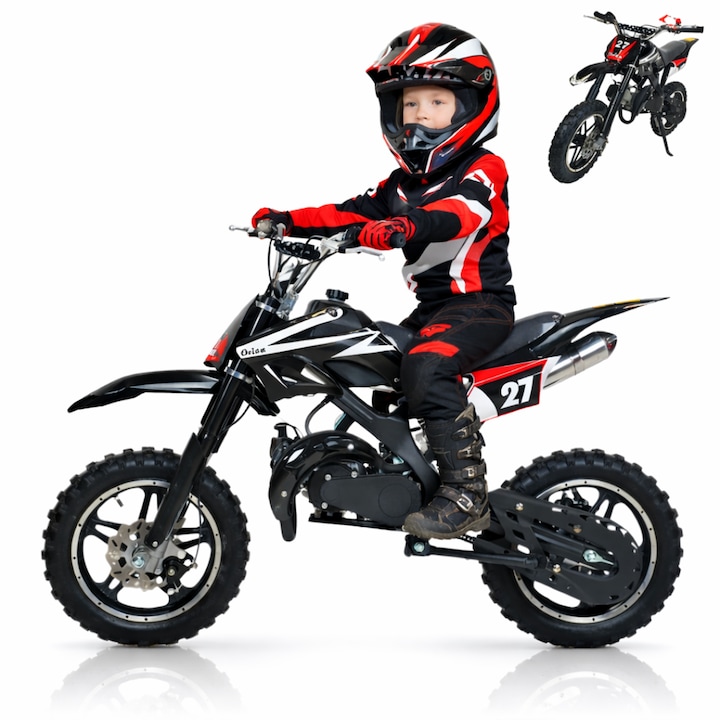 Motocicleta motocross copii Macvi®, 49cc, motor benzina, viteza reglabila, frane disc, roti 10 inch, 7 ani+, negru