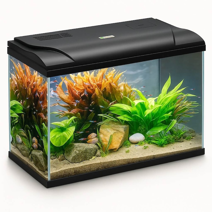 Acvariu sticla 50 litri cu capac, filtru si iluminare LED, 58.5x30x39 cm, model compact cu rama protectie si filtru biologic 435 l/h
