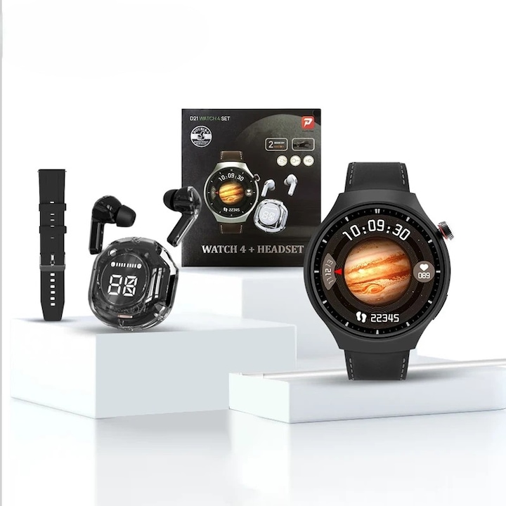 Комплект SmartWatch Pro, D21 BLACK, 4 части, Слушалки включени в комплекта, Фитнес гривна SI Leather, Фитнес тракер, Мониторинг на пулса, SpO2 оксиметър, Известия за обаждания/социални медии, 8-дневен живот на батерията