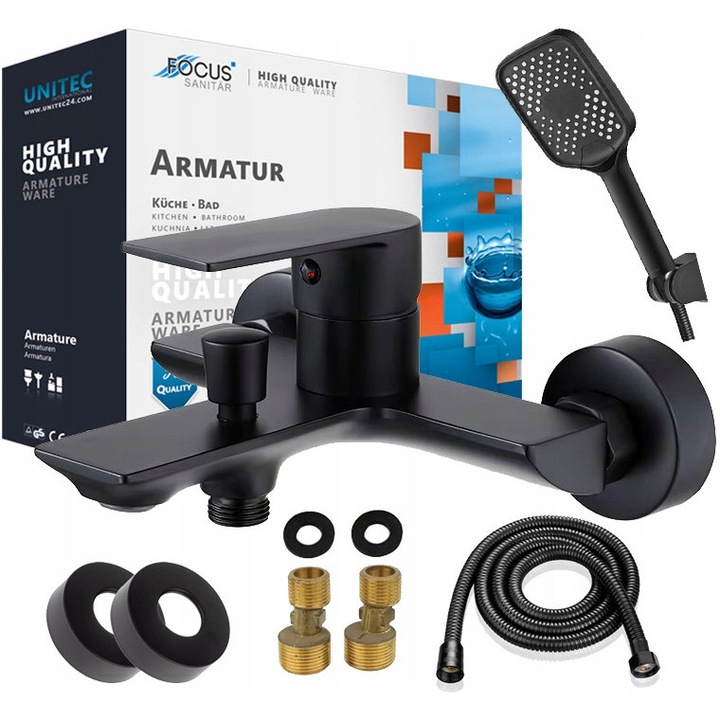 Set complet baterie pentru cada si dus, robinet pentru cada, suport pentru furtun, furtun flexibil si cap de dus ergonomic, ideal pentru baie moderna si confort sporit
