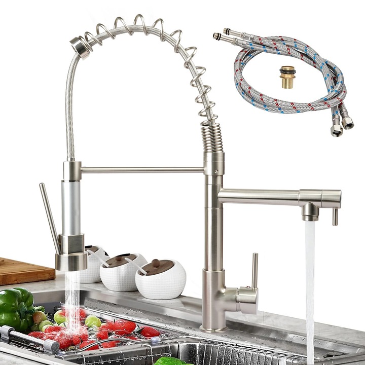 Konyhai mosogatócsaptelep, szálcsiszolt rugós keverőcsaptelep, 360 fok, rozsdamentes acél, kétirányú kifolyóval, kerámia betéttel, akadálymentesített, 2 db 60 cm-es acél bevezetőcsővel, ezüst színű