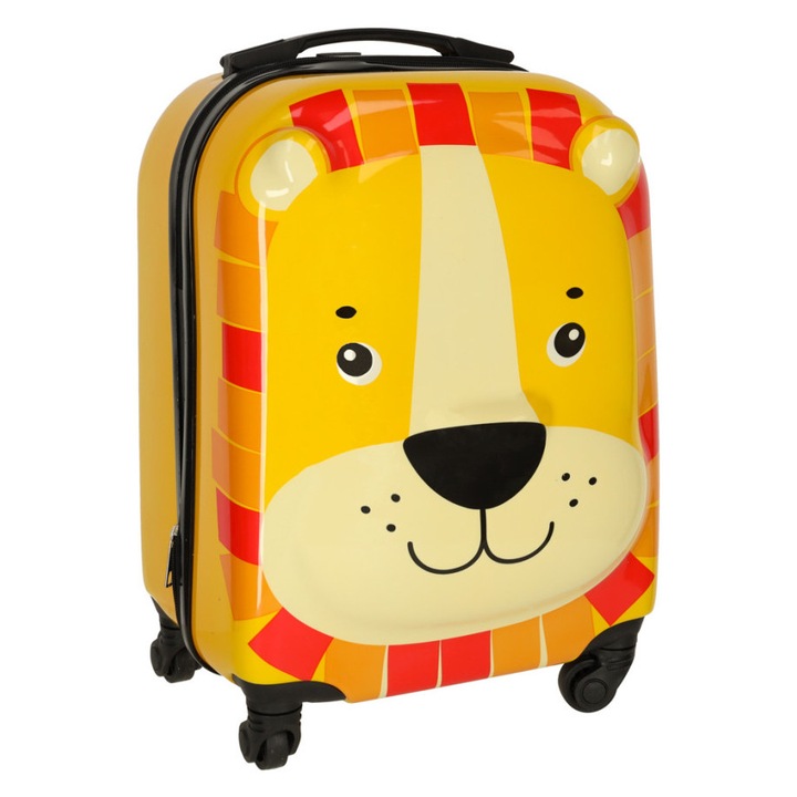 Troler voiaj pentru copii cu roti, model leu, portocaliu- negru, 31 x 46 x 26 cm