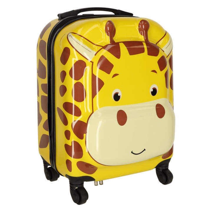 Troler voiaj pentru copii cu roti, model girafa, galben-maro, 31 x 46 x 26 cm