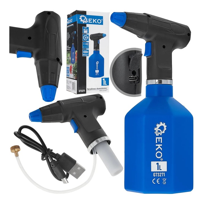 Pulverizator electric Geko G73271, 1 l, wireless, alimentare USB-C, albastru-negru