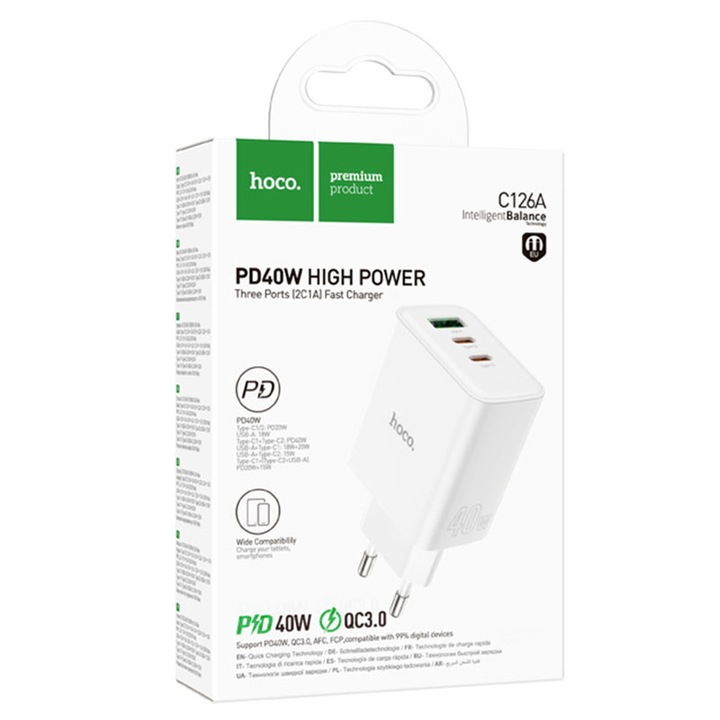 Hoco hálózati töltő (C126A), 40W, 2xUSB-C, 1xUSB-A, PD, QC 3.0, fehér