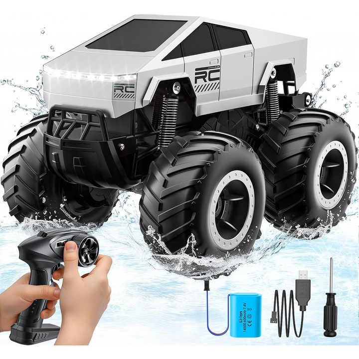 Masina cu telecomanda RC Cybertruck BeGenius®, 4WD Off-Road 1:16, Pentru Toate Tipurile de Teren, 360° Drift, Baterii tip acumulator reincarcabile, LED-uri, Rezistenta la Apa, Jucarie Potrivita pentru Copii si Adulti +4 ani, Gri