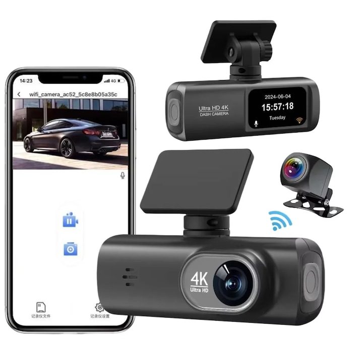 Camera auto Discovery 4K Dual, conectivitate Wi-Fi, unghi filmare 180°, camera spate inclusa