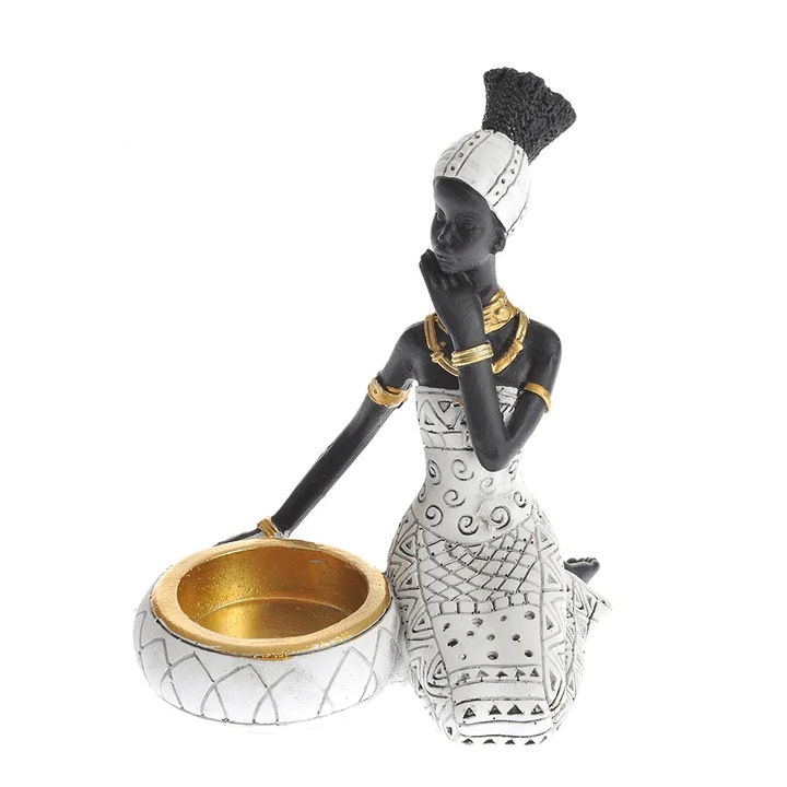 Statueta decorativa femeie africana cu bol alb 15 cm, Meli Melo Paris