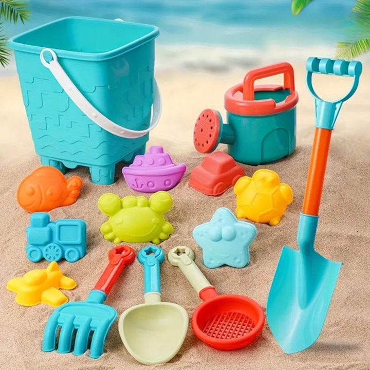 Set de jucarii pentru plaja si nisip albastru turcoaz, galetusa cu 14 piese