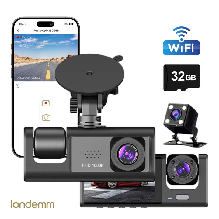 LONDEMM Тройна Full HD 1080P видеорегистратор, включена 32GB Premium SD карта памет, 3 обектива, WiFi, 170° ултраширок ъгъл на запис, IPS дисплей 2, нощно виждане, двоен запис, цикличен запис, G-сензор, детектор на движение, 24-часово паркиране, черен