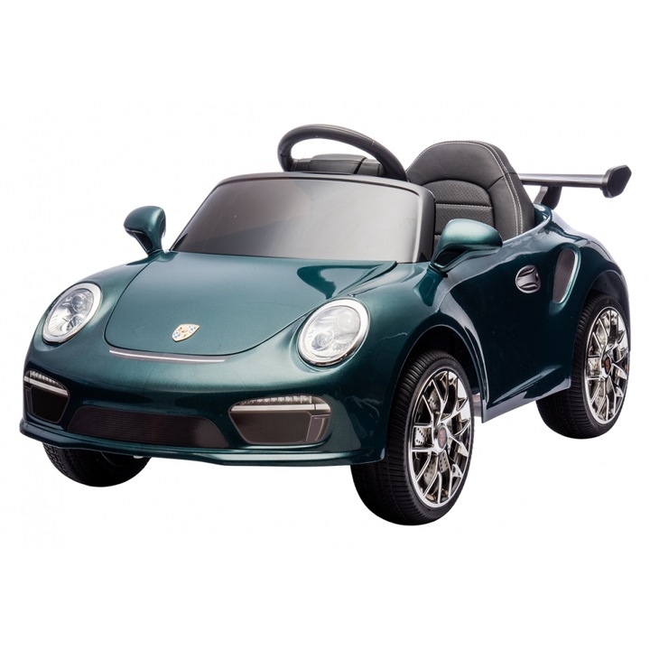 Masinuta electrica pentru copii Porsche RUF CTR3 Dark Green 70w cu licenta, echipare premium, roti EVA, scaun din piele, oglinzi retrovizoare, lumini LED, muzica, bluetooth/USB, suspensii, cod QR video asamblare, afisaj baterie, Eleron