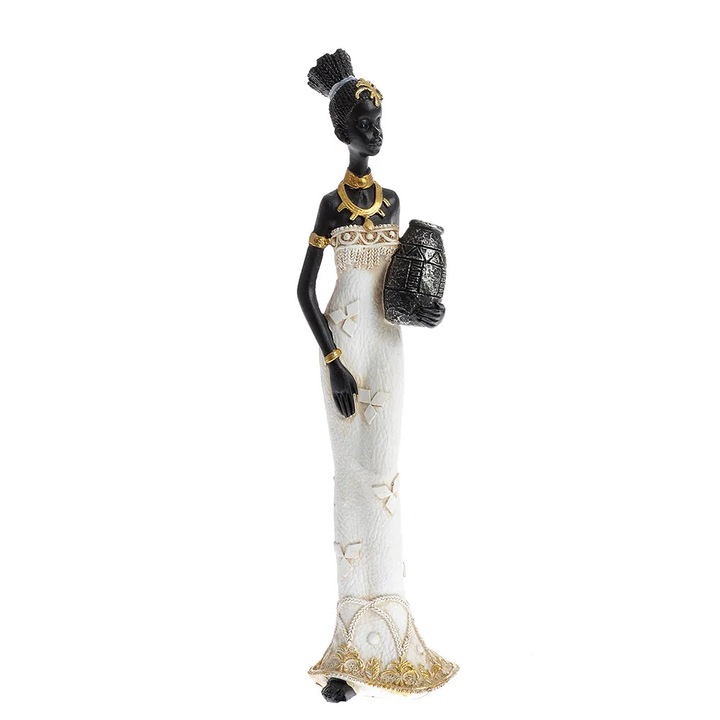 Statueta decorativa femeie africana cu amfora si rochie alba cu detalii aurii 27 cm, Meli Melo Paris