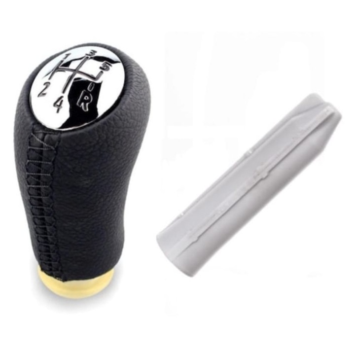 Set nuca sport schimbator de viteza Müller® si adaptor prindere, compatibil cu Renault Clio 3, Megane 2, Scenic II Kangoo, din piele ecologica, 5 trepte de viteza, Negru