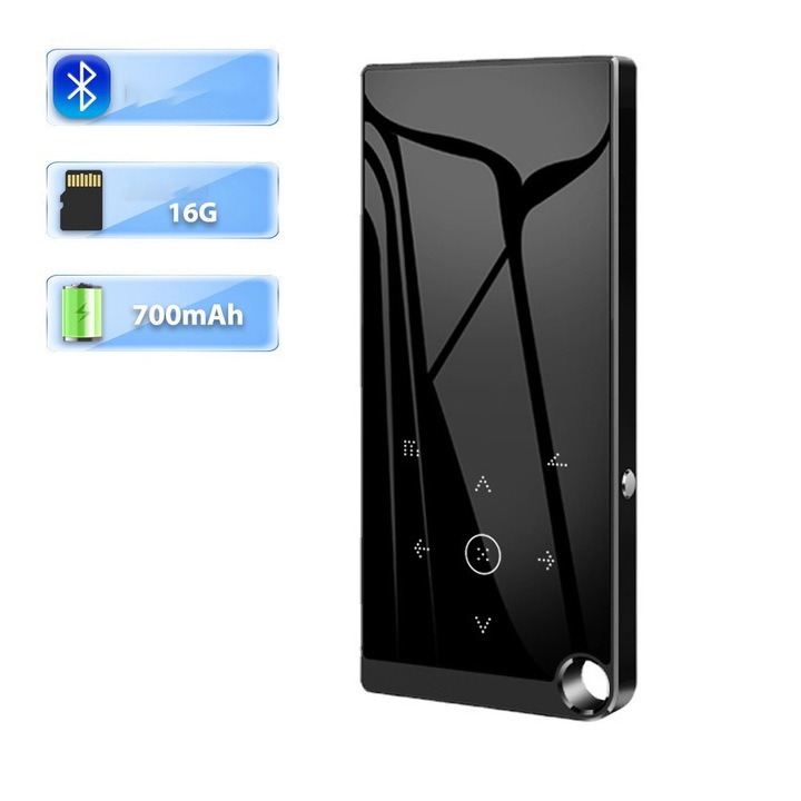 MP3 MP4 lejátszó, 2,4 hüvelykes TFT képernyő, 16 GB belső memória, ORBER, érintőgombok, akár 128 GB-os TF kártyák támogatása, Bluetooth 4.2, FM rádió, e-könyv olvasás, hangrögzítő, fekete