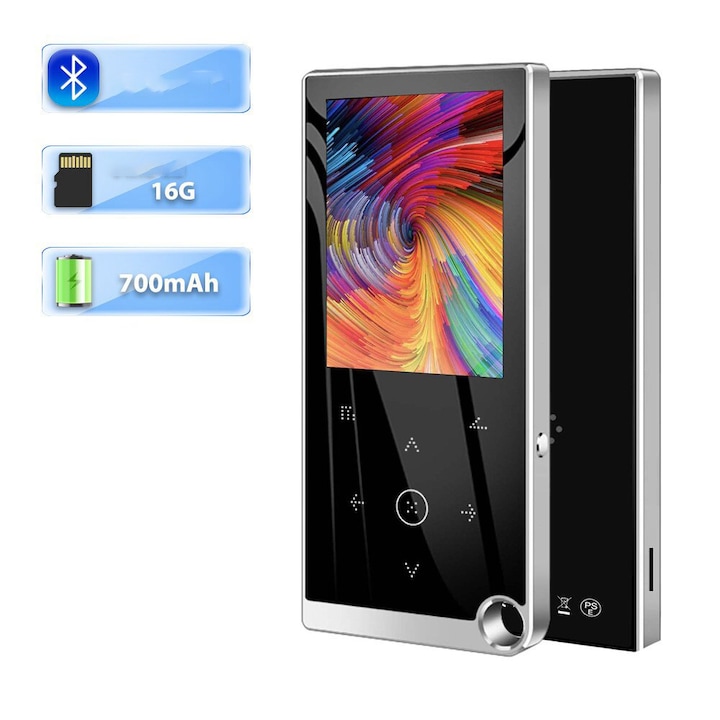 MP3 MP4 lejátszó, 2,4 hüvelykes TFT képernyő, 16 GB belső memória, ORBER, érintőgombok, akár 128 GB-os TF kártyák támogatása, Bluetooth 4.2, FM rádió, e-könyv olvasás, hangrögzítő, ezüst