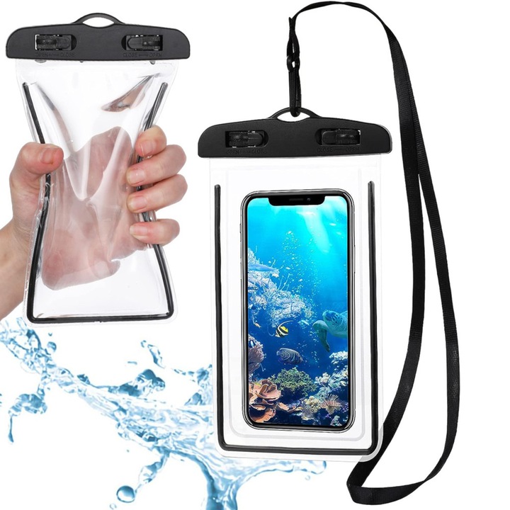 VarioShop® univerzális vízálló telefontok, dupla érintőablakos, biztonsági rendszerrel, 6,5"-os képernyőmérettel kompatibilis, ideális medencéhez, strandhoz, vízi sportokhoz és túrázáshoz, fekete