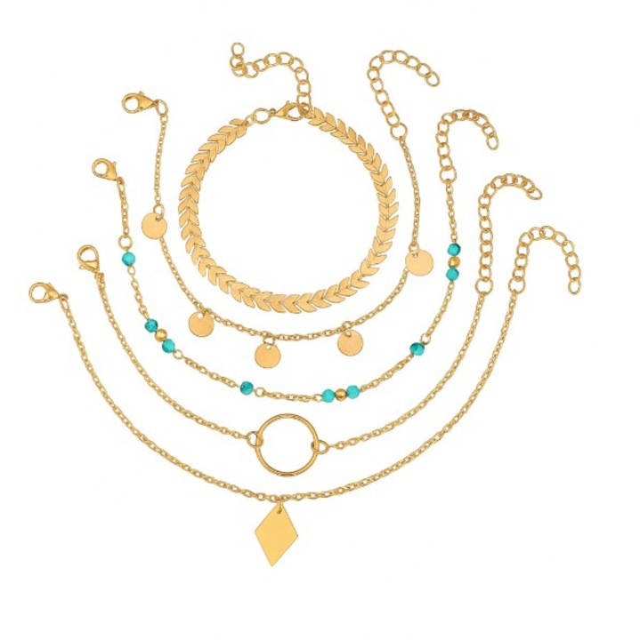 Bratari Aurii pentru Picior, Cu Charm-uri si Lanturi Diverse, Set 5 Piese, Auriu