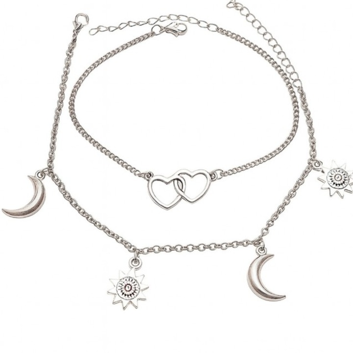 Set 2 Bratari de Picior Femei, Charm Luna, Soare si Inimi, Reglabil, Argintiu