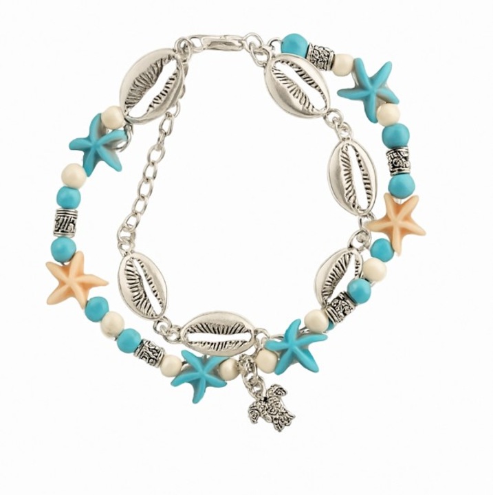 Bratara de Picior Dubla, Stil Boho Marin, Cu Scoici, Stele si Testoasa, Reglabila, Argintiu