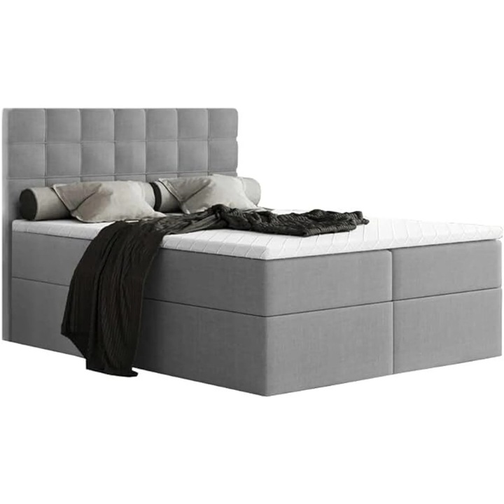 Pat dublu matrimonial MERA 200x200 cu saltea Bonell, 2 lazi de depozitare, tip boxspring (Gri inchis Aura 24)