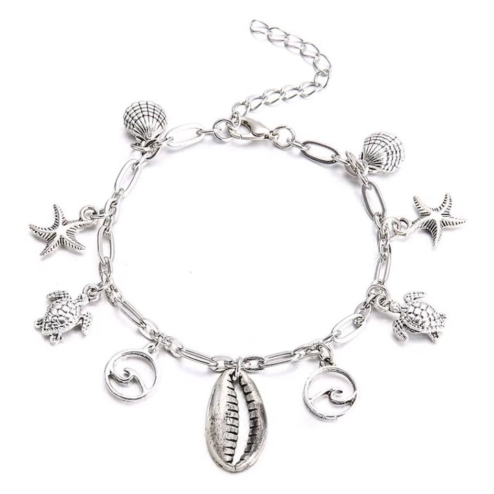 Сребърна гривна за крак, морски талисмани, централна мида