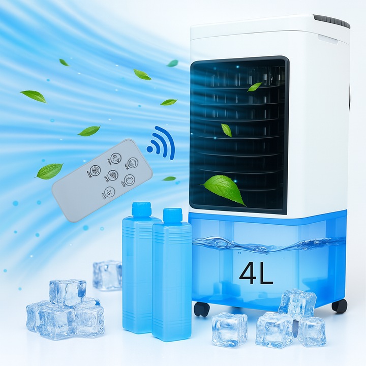 DIGIMAT STORE® Преносим климатик 3 в 1 – Ice Crystal Cooling, овлажнител и пречиствател на въздух, безшумен, резервоар 4 л, 12-часов таймер, дистанционно управление, мобилен на колелца, идеален за офис/хол/общежитие/тераси/кръчми, 27,5 × 24 x 55,5 см