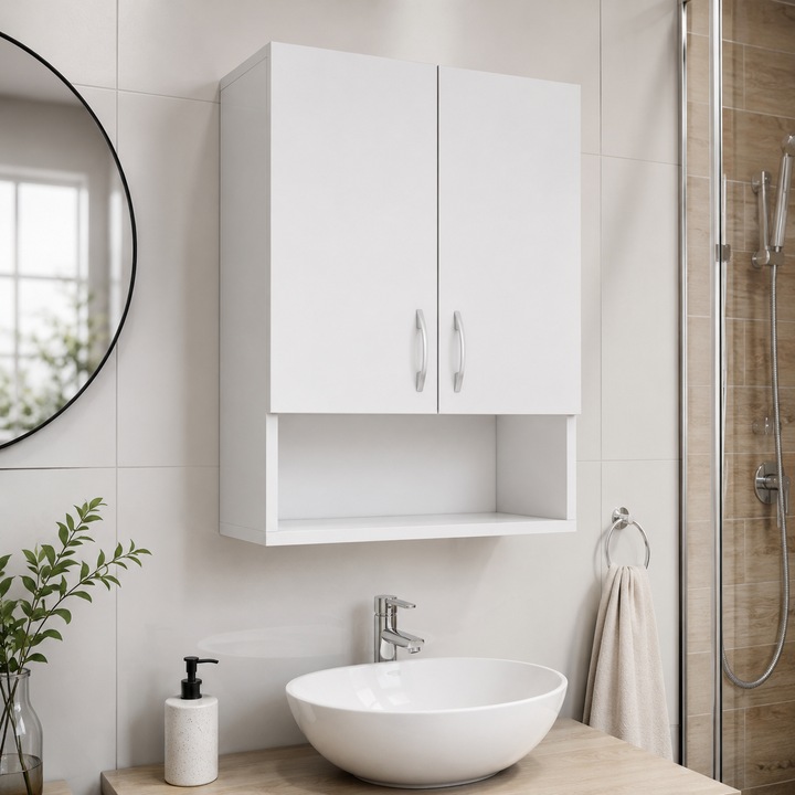 Dulap Baie Suspendat, Realizat la comanda, Complet Asamblat, PAL Alb 18mm, Design Modern, 2 Usi Cu Inchidere Lenta, Soft Close, 3 Rafturi Depozitare, Dimensiuni 80 x 60 x 20 cm