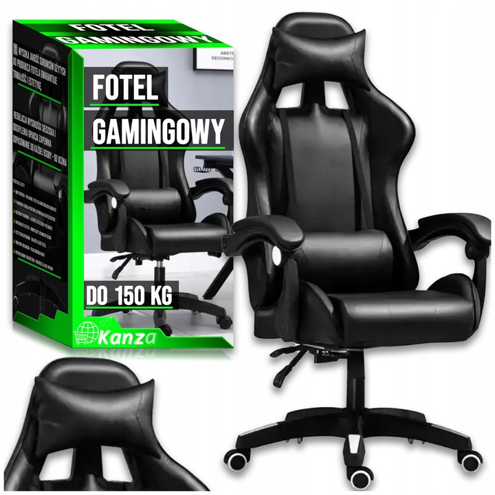 Scaun De Gaming, Sticla, Doua Perne – Pentru Cap Si Spate Pentru Confort Maxim, Baza Stabila Cu 5 Brate Pentru Siguranta, Reglare Inaltime Sezut Si Inclinare Spatar, 112 Cm X 122 Cm X 80 Cm X 52 Cm X 48 Cm X 38 Cm X 60 Cm, Negru