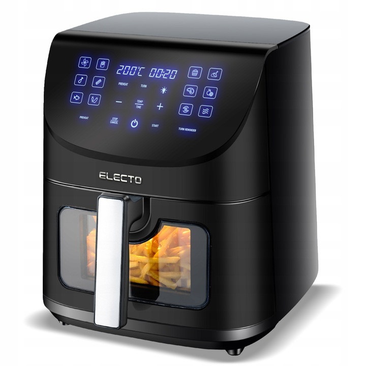 Фритюрник с горещ въздух, без олио, ELECTO, технология Rapid Air, обем 8 л, 2000 W, 14 предварително зададени функции за готвене, XL размер, дигитален дисплей, лесно почистване, черен