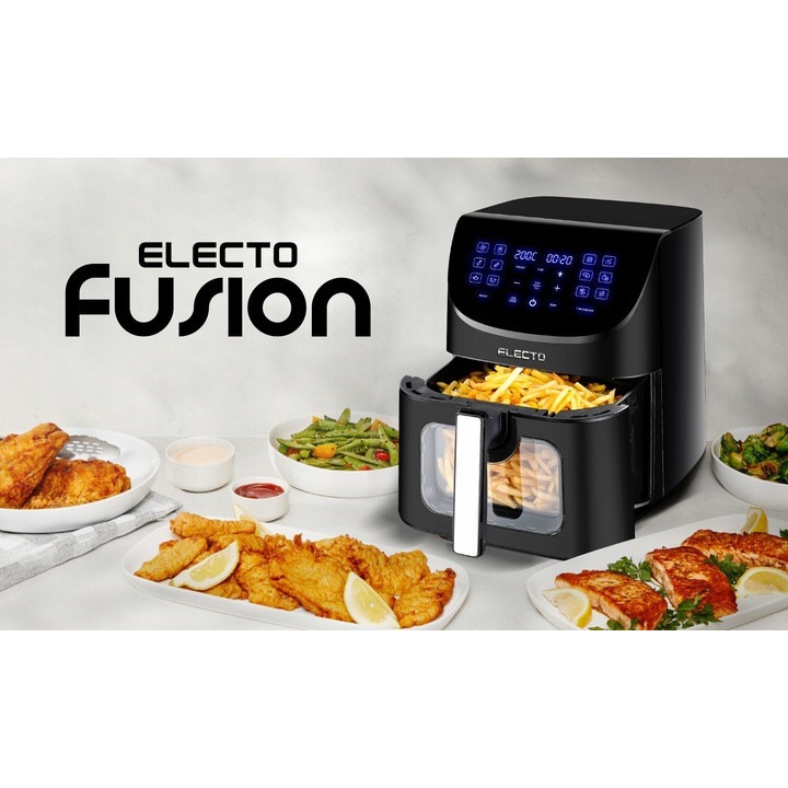 Friteuza cu aer cald, fara ulei, ELECTO, Tehnologie Rapid Air, Capacitate 8L, 2000 W, 14 functii de gatire presetate, Dimensiune XL, display digital, curatare usoara, Negru