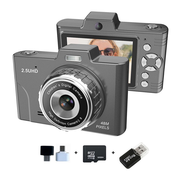 Aparat foto digital compact, ORBER, camere duble fata si spate cu card de memorie 32G, 4800MP, rezolutie UHD 2.5K, video 1080P, ecran IPS de 2, 8 inchi, zoom 8x, filtre multicolore, camera retro pentru studenti, 700mAh, negru