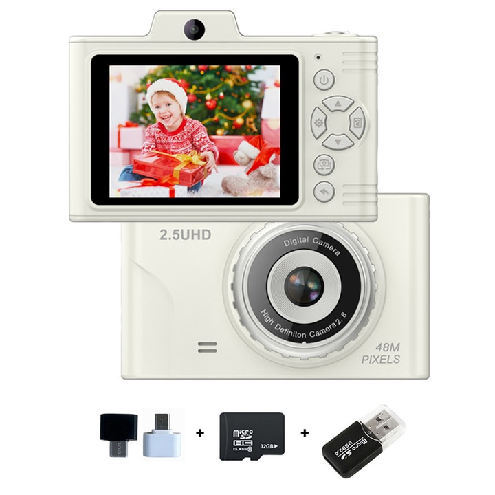 Kompakt digitális fényképezőgép, ORBER, Kettős első és hátsó kamera 32 GB-os memóriakártyával, 4800MP, 2.5K UHD felbontás, 1080P videó, 2.8 hüvelykes IPS képernyő, 8x zoom, többszínű szűrők, retró fényképezőgép diákoknak, 700mAh, fehér