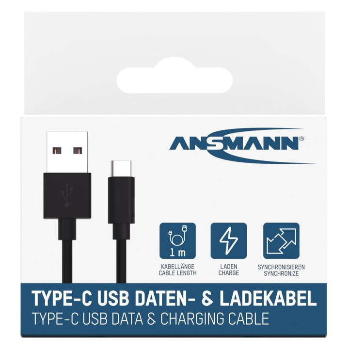 Cablu de date si incarcare Ansmann USB-C 100cm, 3A, 480Mbit/s, negru
