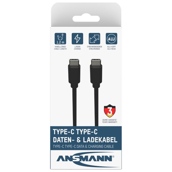 Cabluri de date si incarcare Ansmann USB-C, 120cm, 60W/3A, 5Gb/s, negru