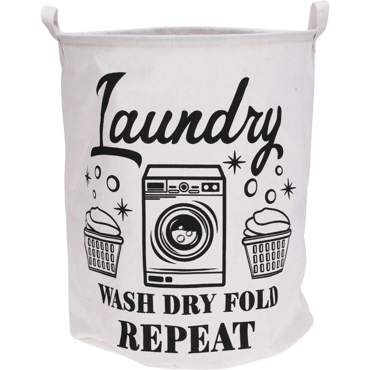 Cos de rufe H&L Round Wash, alb cu imprimeu negru, 40x50cm, pliabil, cu manere