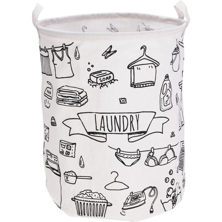 Cos pentru rufe H&L Round Wash, 40x50cm, alb/negru, motiv Prani s mydlem