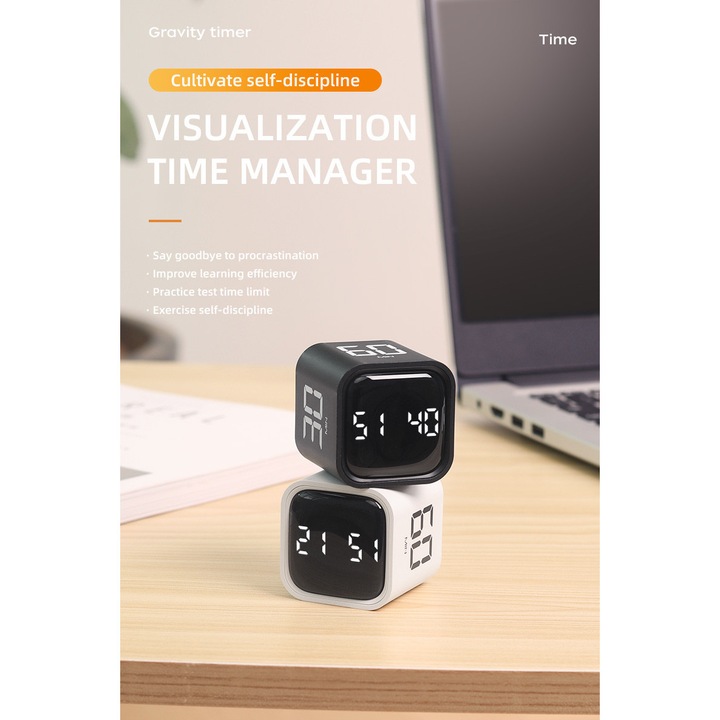 Cronometru digital, senzor de gravitate, numaratoare inversa, vibratii, 500 mAh, potrivit pentru studiu, gatit, exercitii, incarcare USB, mic si portabil, alb