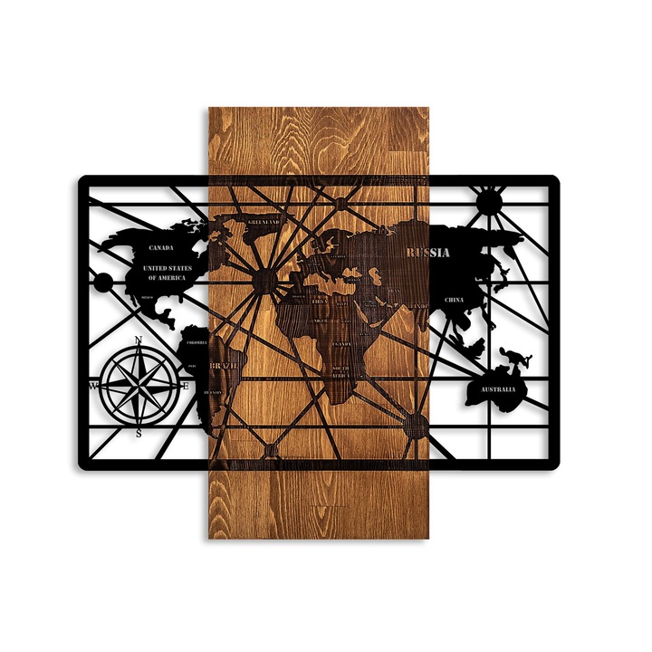 Faldekoráció, Wallity, világtérkép, fa, barna/fekete