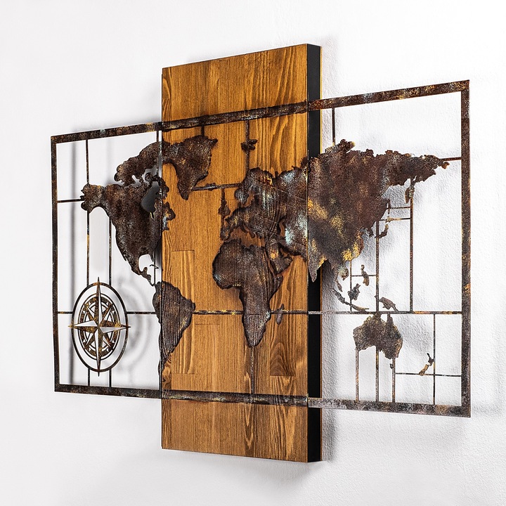 Faldekoráció, Wallity, világtérkép, fa, barna