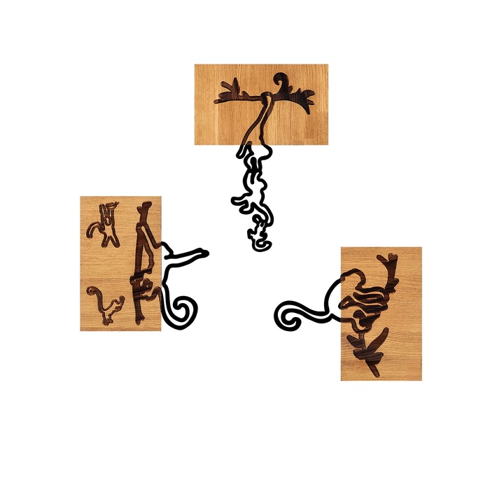 Fali dekorációs kiegészítő, Wallity, 3 méretben, fa és fém, 24x3x25cm, 25x3x33cm, 26x3x25cm