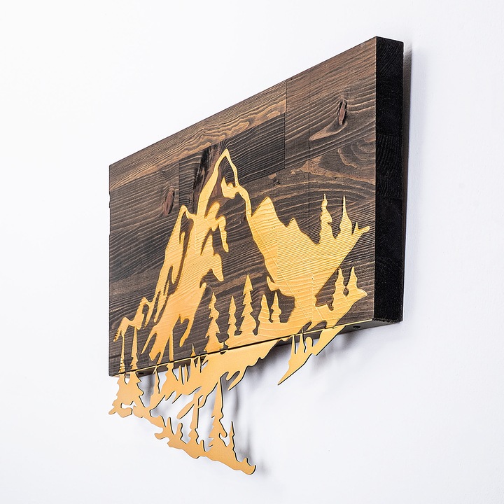 Dekoratív fali kiegészítő, Wallity, fa, barna/arany, hegyek