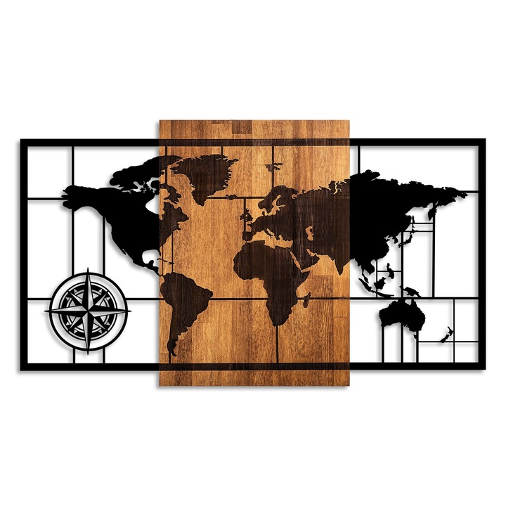 Dekoratív fali kiegészítő, Wallity, fa, barna/fekete, térkép