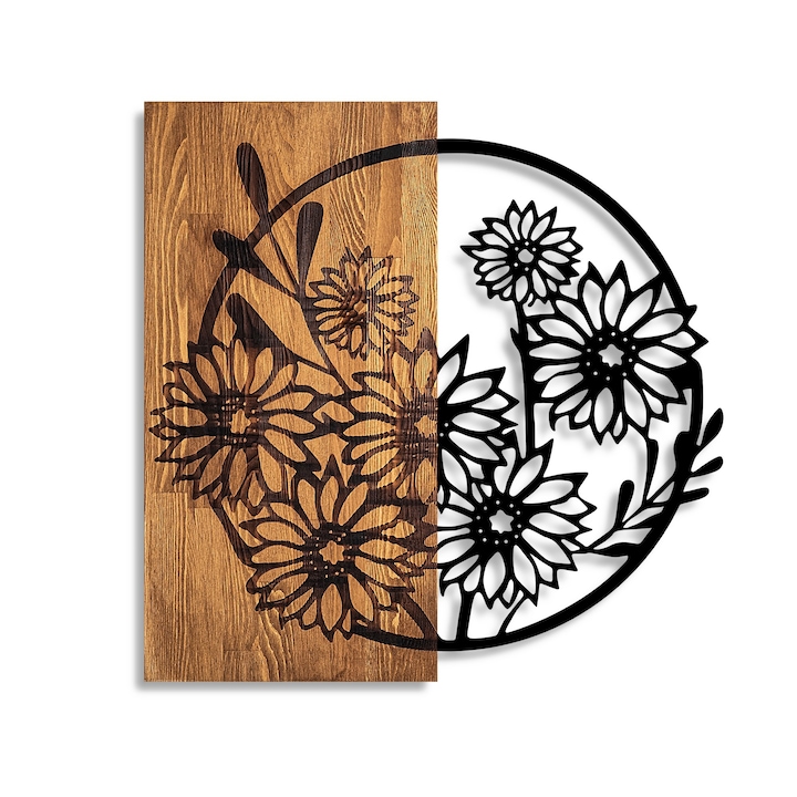 Dekoratív fali kiegészítő, Wallity, fa, barna/fekete, virágok