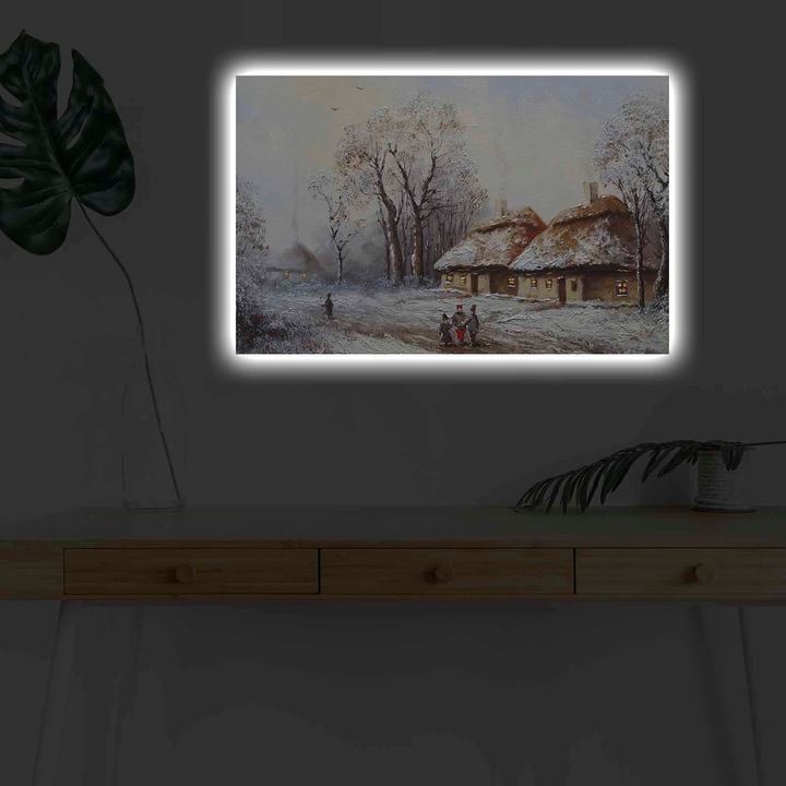 Декоративна картина с LED светлини, Коледа, многоцветна, 45x70 см, 100% велур, дървена рамка