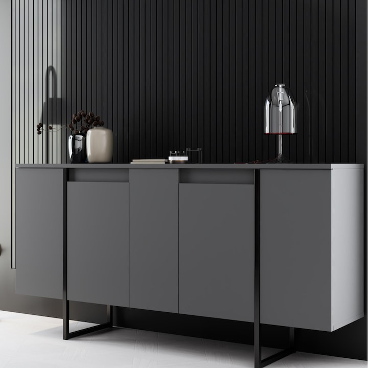 Consola Woody Fashion, 160x35x80cm, melamina antracit, picioare metalice