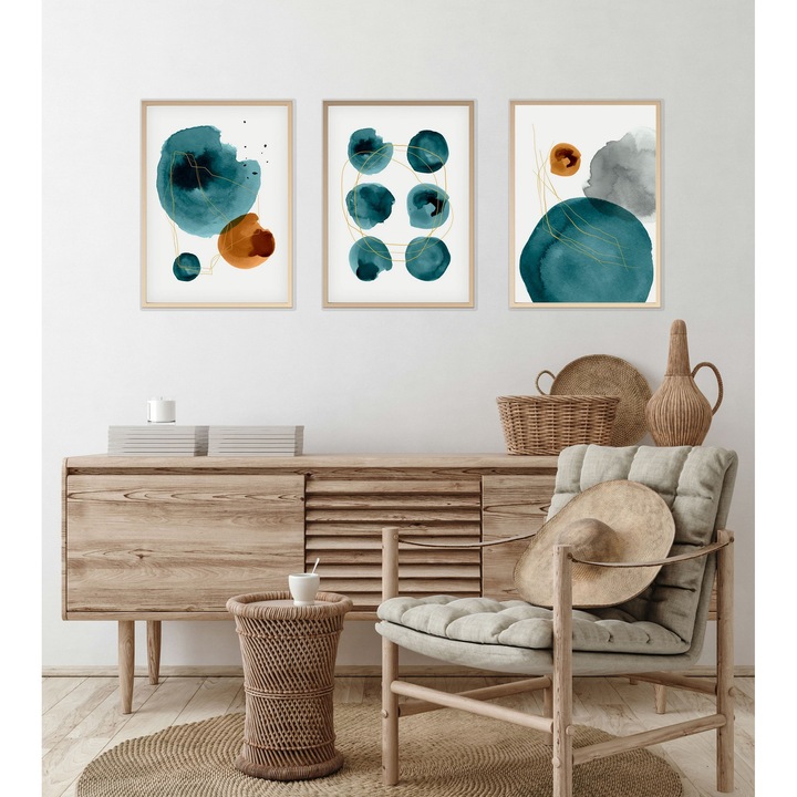 Dekoratív festmény tömörfa keretben, 3 darabos szett, 30x40cm, Wallity